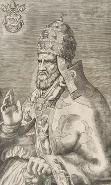 Portrait of Pope Marcellus II, right hand raised facing left, ca. 1555. Creator: Giulio Bonasone