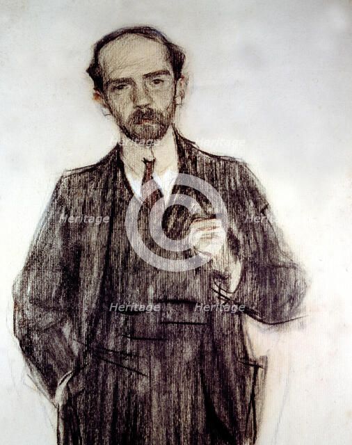 Portrait of Pio Baroja (1872 - 1956), Spanish novelist, charcoal drawing by Ramon Casas.