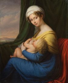 Portrait of Princess Maria Fyodorovna Baryatinskaya, née Keller (1792-1858) with son, 1820s. Creator: Anonymous