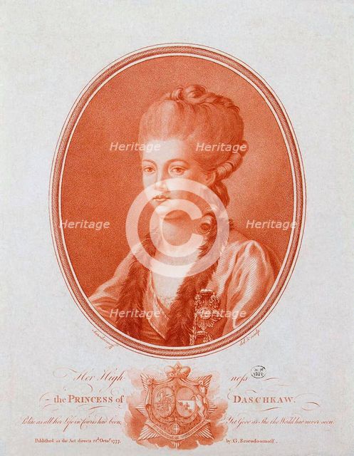 Portrait of Princess Yekaterina Romanovna Vorontsova-Dashkova (1743-1810), 1777.  Creator: Skorodumov, Gavriil Ivanovich (1755-1792).
