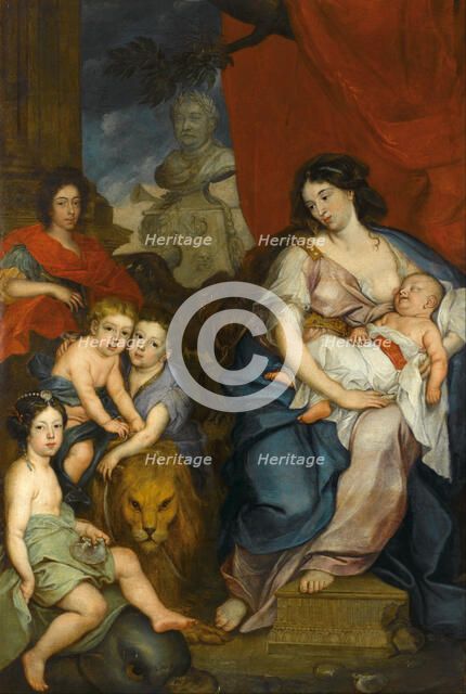 Portrait of Queen Marie Casimire with children. Artist: Siemiginowski-Eleuter, Jerzy (1660-1711)