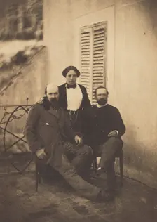 Portrait of Rachel Félix and Two Unidentified Men on a Balcony, 1853. Creator: Charles Nègre