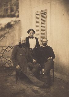 Portrait of Rachel Félix and Two Unidentified Men on a Balcony, 1853. Creator: Charles Nègre
