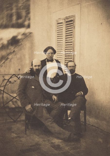Portrait of Rachel Félix and Two Unidentified Men on a Balcony, 1853. Creator: Charles Nègre.
