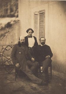 Portrait of Rachel Félix and Two Unidentified Men on a Balcony, 1853. Creator: Charles Nègre
