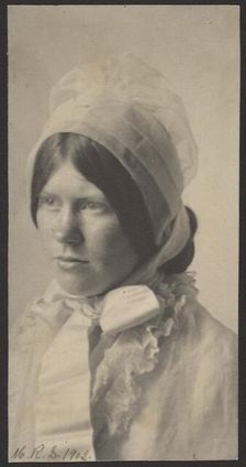 Portrait of woman in bonnet, 1908. Creator: Mary R Stanbery