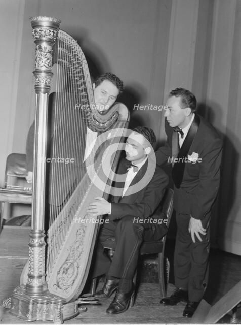 Portrait of Woody Herman, Chubby Jackson, and Abraham Rosen, Carnegie Hall(?), N.Y.  Ca. April 1946. Creator: William Paul Gottlieb.