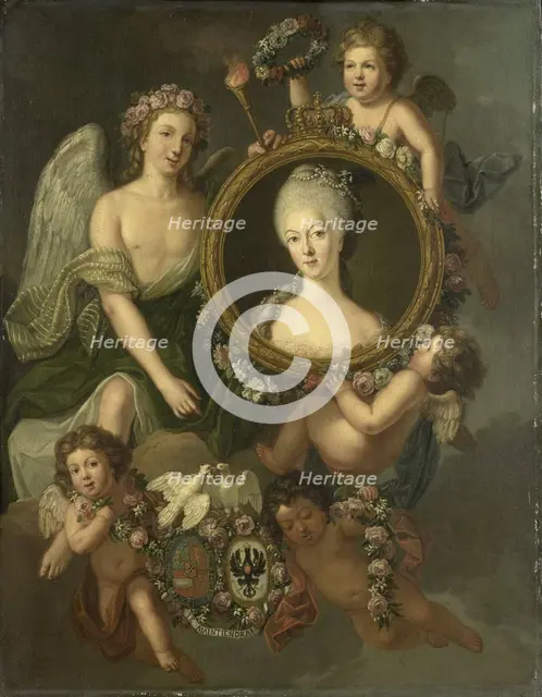 Portrait of Wilhelmina of Prussia in a medallion with allusions to her marriage to Prince William V  Creator: Friedrich Reclam.