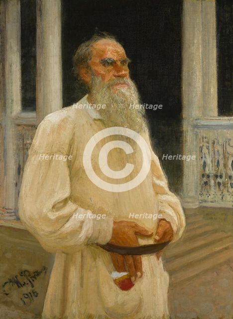 Portrait of the author Count Lev Nikolayevich Tolstoy (1828-1910), 1916. Creator: Repin, Ilya Yefimovich (1844-1930).