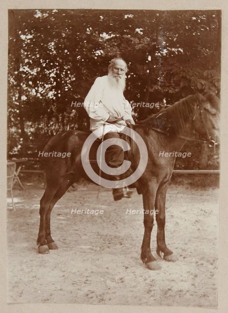 Portrait of the author Count Lev Nikolayevich Tolstoy (1828-1910) on horseback.