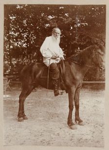 Portrait of the author Count Lev Nikolayevich Tolstoy (1828-1910) on horseback