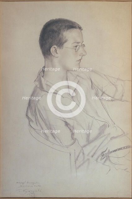 Portrait of the composer Dmitri Shostakovitch (1906-1975), 1923. Artist: Kustodiev, Boris Michaylovich (1878-1927)