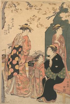 Portrait of the Courtesan Nioteru of the Ogiya, with Her Two Attendants Namiji and Ao-..., ca. 1785. Creator: Torii Kiyonaga