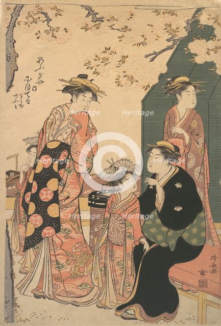 Portrait of the Courtesan Nioteru of the Ogiya, with Her Two Attendants Namiji and Ao-..., ca. 1785. Creator: Torii Kiyonaga.