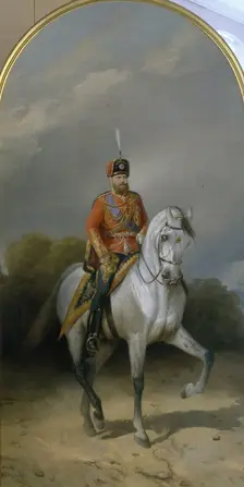 Portrait of the Emperor Alexander III (1845-1894) in the Uniform of the Hussar regiment of the Leib Guard, 1881. Artist: Sverchkov, Nikolai Yegorovich (1817-1898)