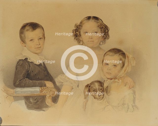 Portrait of the Lanskoy Children, 1839. Artist: Sokolov, Pyotr Fyodorovich (1791-1848)