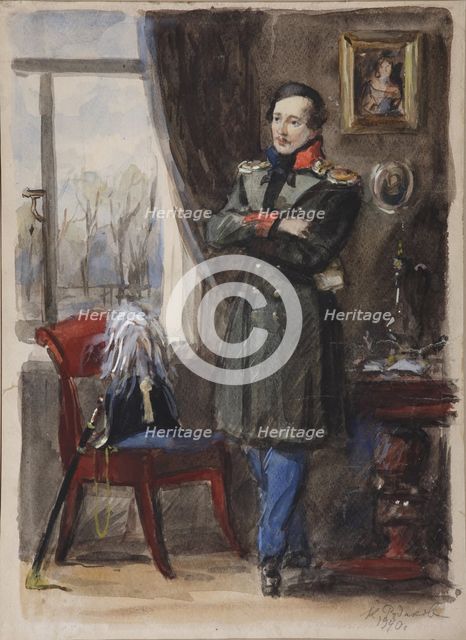 Portrait of the poet Mikhail Lermontov (1814-1841), 1940. Artist: Rudakov, Konstantin Ivanovich (1891-1949)