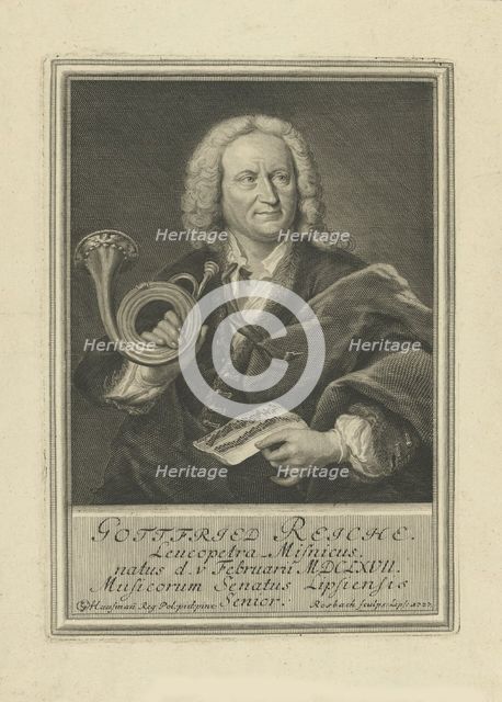 Portrait of the trumpet player and composer Gottfried Reiche (1667-1734) , 1727. Creator: Rosbach, Johann Friedrich (active 1720s).