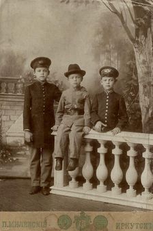 Portrait of three high school students, 1900. Creator: PA Milevskii