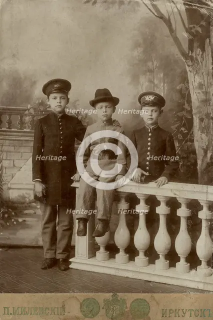 Portrait of three high school students, 1900. Creator: PA Milevskii.