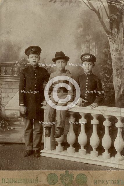 Portrait of three high school students, 1900. Creator: PA Milevskii.