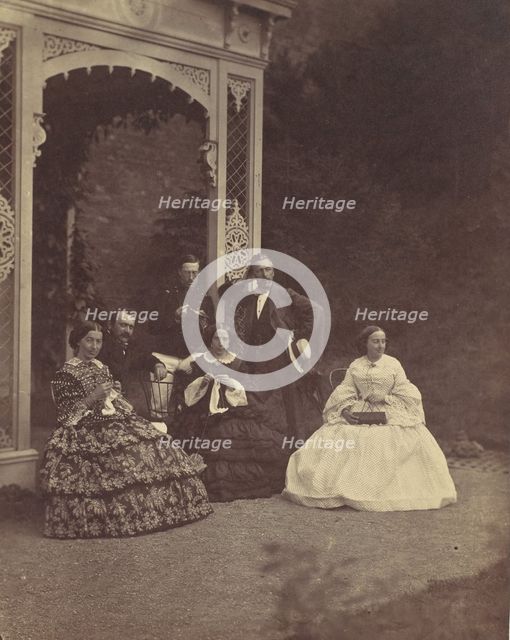 [Portrait of Three Women and Men in a Garden], 1850s-60s. Creator: Franz Antoine.