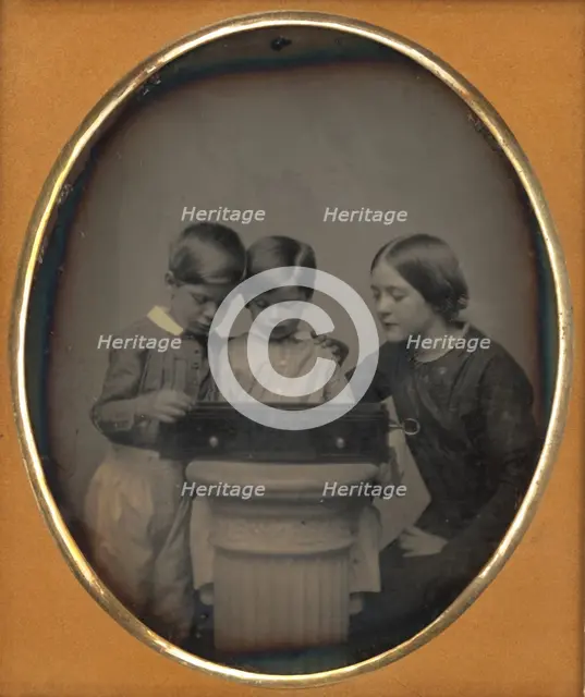 Portrait of Two Children and Their Mother Viewing a Music Box, about 1851. Creator: Unknown.