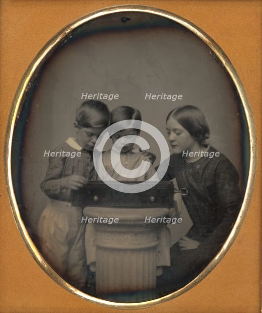 Portrait of Two Children and Their Mother Viewing a Music Box, about 1851. Creator: Unknown.