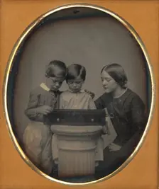 Portrait of Two Children and Their Mother Viewing a Music Box, about 1851. Creator: Unknown