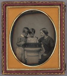 Portrait of Two Children and Their Mother Viewing a Music Box, about 1851. Creator: Unknown