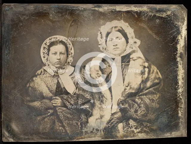 Portrait of Two Seated Women in Bonnets, about 1855. Creator: Unknown.