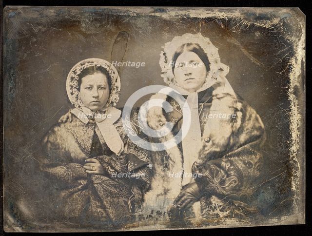 Portrait of Two Seated Women in Bonnets, about 1855. Creator: Unknown.