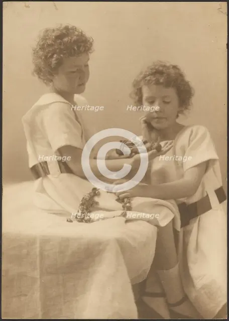 Portrait of Two Sisters Holding Statue and Wreath, 1907-1943. Creator: Louis Fleckenstein.
