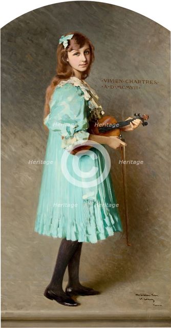 Portrait of Vivien Chartres (1893-1941) as a girl, holding her violin, 1907. Creator: Corcos, Vittorio Matteo (1859-1933).