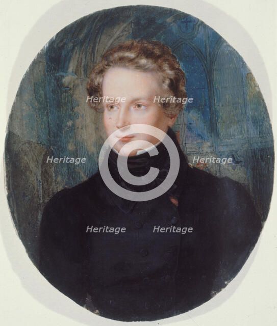 Portrait of Victor Hugo against the background of Notre-Dame de Reims, 1825. Creator: Jean Alaux.