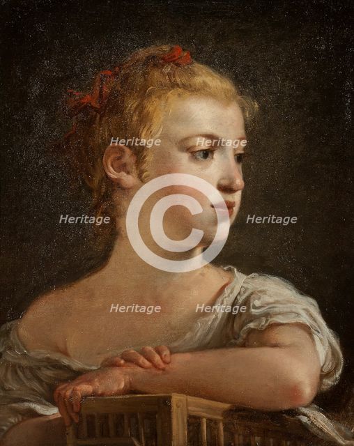 Portrait of young girl with birdcage, c18th century. Creator: Hugues Taraval.