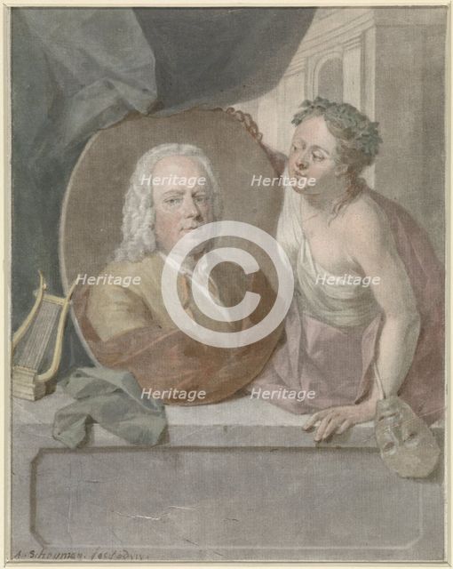 Portrait medallion from Frans Greenwood held by a muse, 1748. Creator: Aert Schouman.