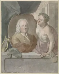 Portrait medallion from Frans Greenwood held by a muse, 1748. Creator: Aert Schouman