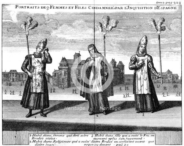 'Portraits of 3 women and girls condemned by the Spanish Inquisition', 1759. Artist: Anon