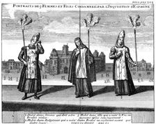 Portraits of 3 women and girls condemned by the Spanish Inquisition 1759. Artist: Anon
