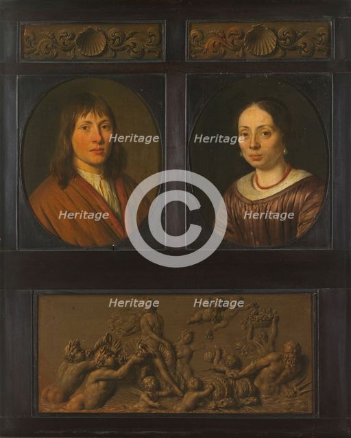 Portraits of a Man and a Woman framed with two ornamental frieze miniatures with shell motif and a T Creator: Pieter Cornelisz. van Slingeland.