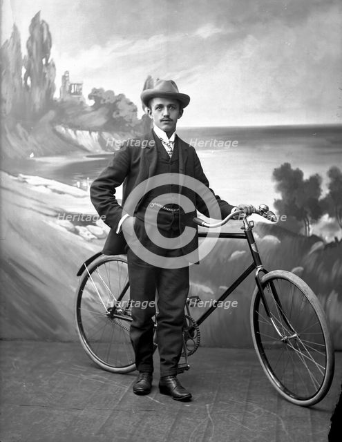 Posed man with his bicycle, Landskrona, Sweden, 1910. Creator: Unknown.