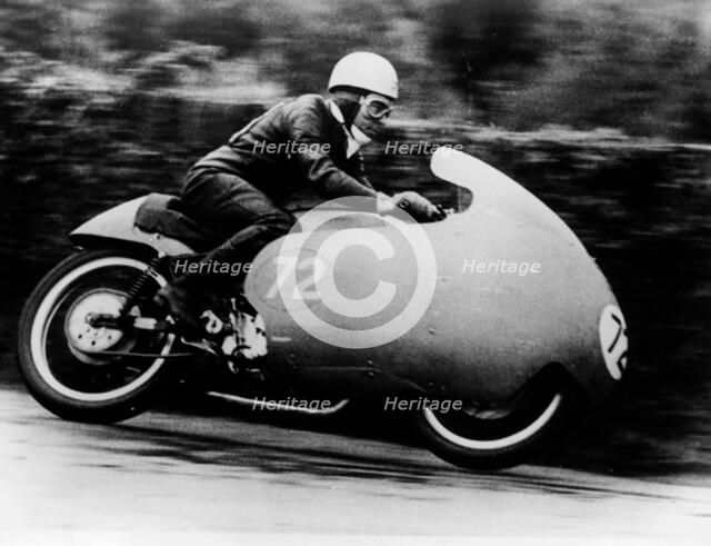 Possibly Bill Lomas, on a Moto Guzzi V8, 1957. Artist: Unknown