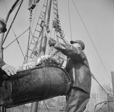 Possibly: Filling a barrel with codfish at the Fulton fish market, New York, 1943. Creator: Gordon Parks