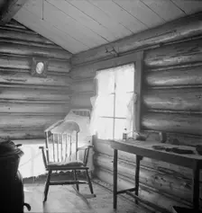 Possibly: Interior of farmer's two-room log home, FSA borrower, Boundary County, Idaho, 1939. Creator: Dorothea Lange