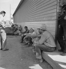 Possibly: Idle men seated in shade on the other side..., Tulelake, Siskiyou County, California, 1939 Creator: Dorothea Lange