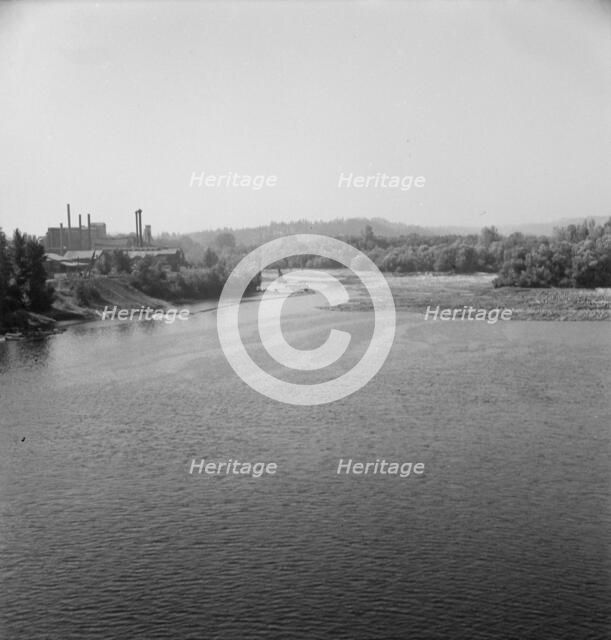 Possibly: Log rafts on the Williamette River between Salem and Independence, Oregon, 1939. Creator: Dorothea Lange.