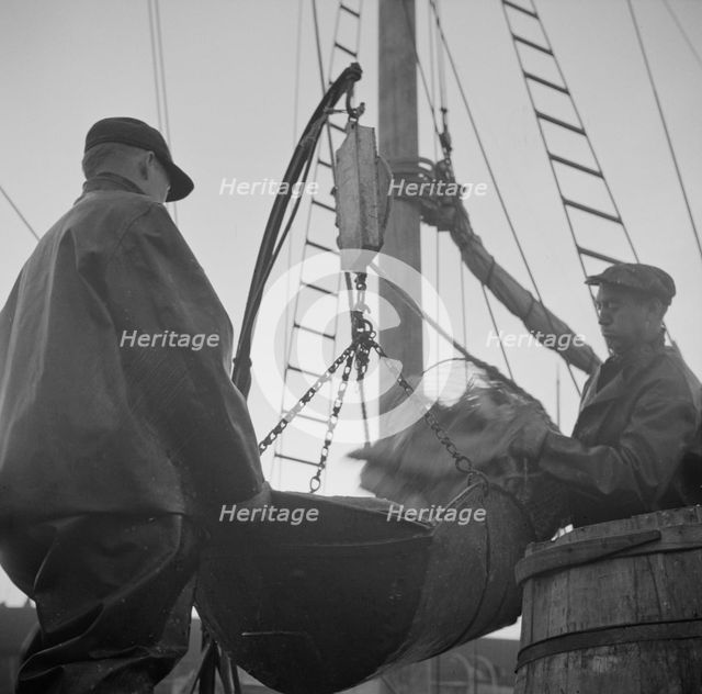 Possibly: New England fishermen unloading fish at the Fulton fish market, New York, 1943. Creator: Gordon Parks.