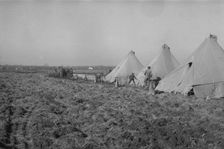 Possibly: Setting up a tent in the camp for white flood refugees, Forrest City, Arkansas, 1937. Creator: Walker Evans