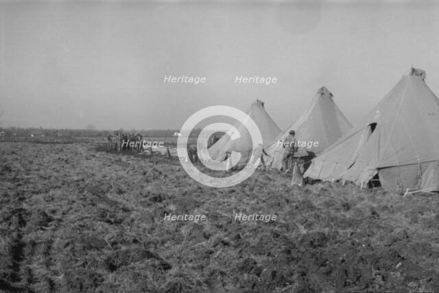 Possibly: Setting up a tent in the camp for white flood refugees, Forrest City, Arkansas, 1937. Creator: Walker Evans.